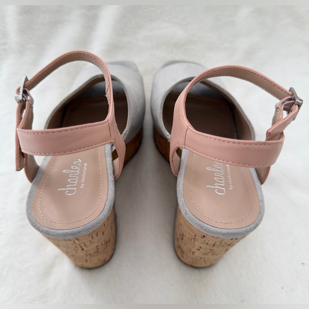 Charles Charles David Faux Gray Suede Cork Wedge Sandal Slingback Size 9 - Picture 4 of 13